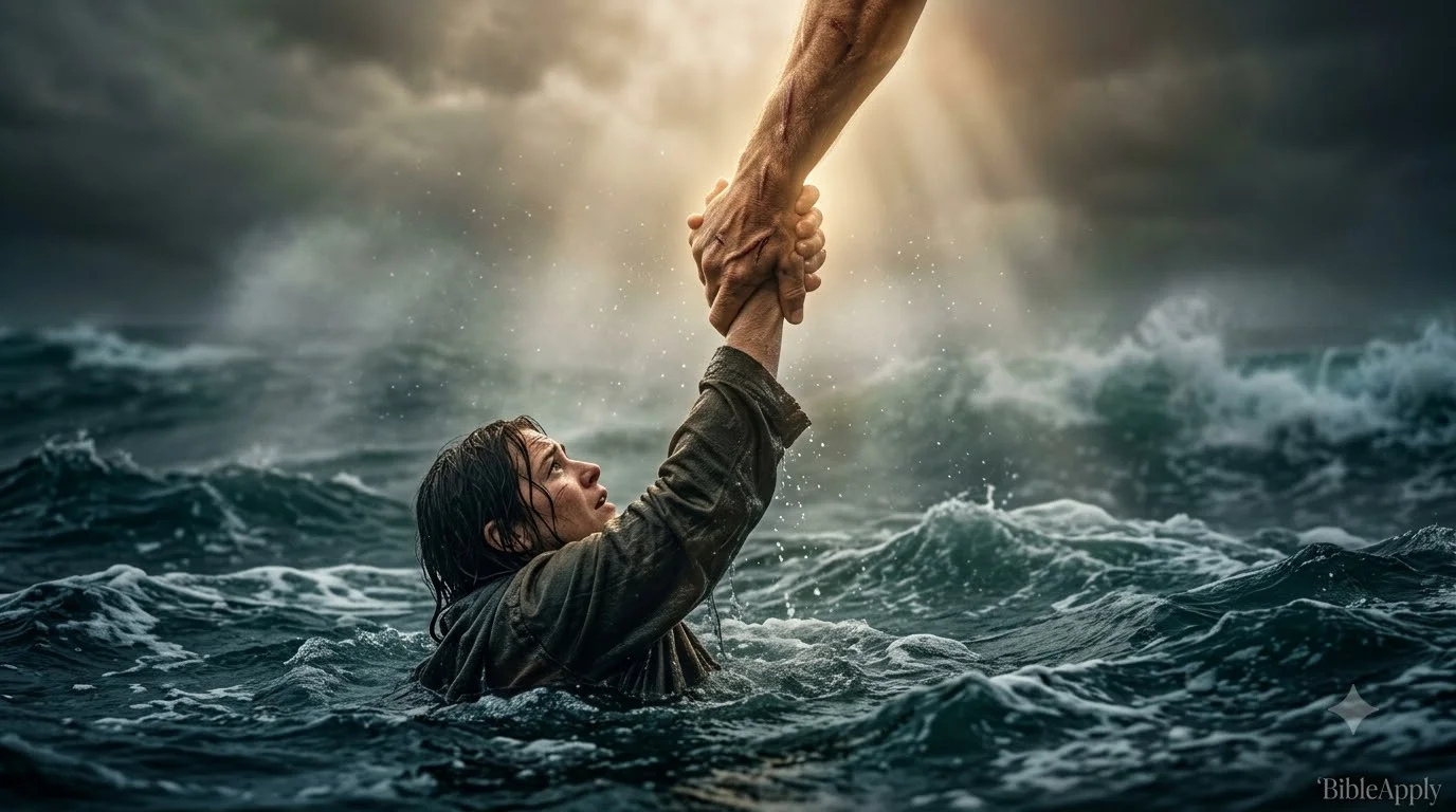 A person being rescued from the ocean, symbolizing salvation