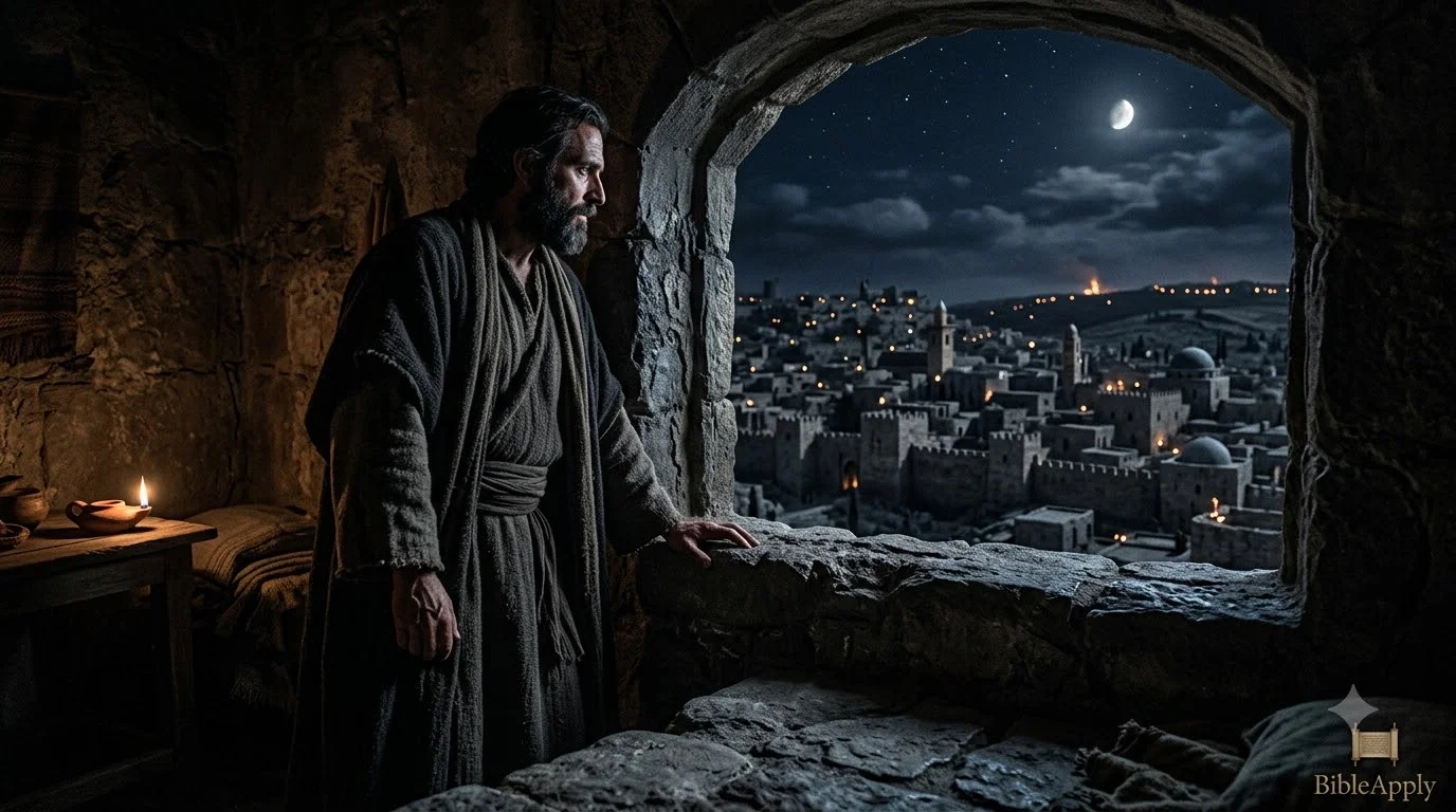 A man looking through a stone window, symbolizing contemplation and fixing our eyes on Jesus