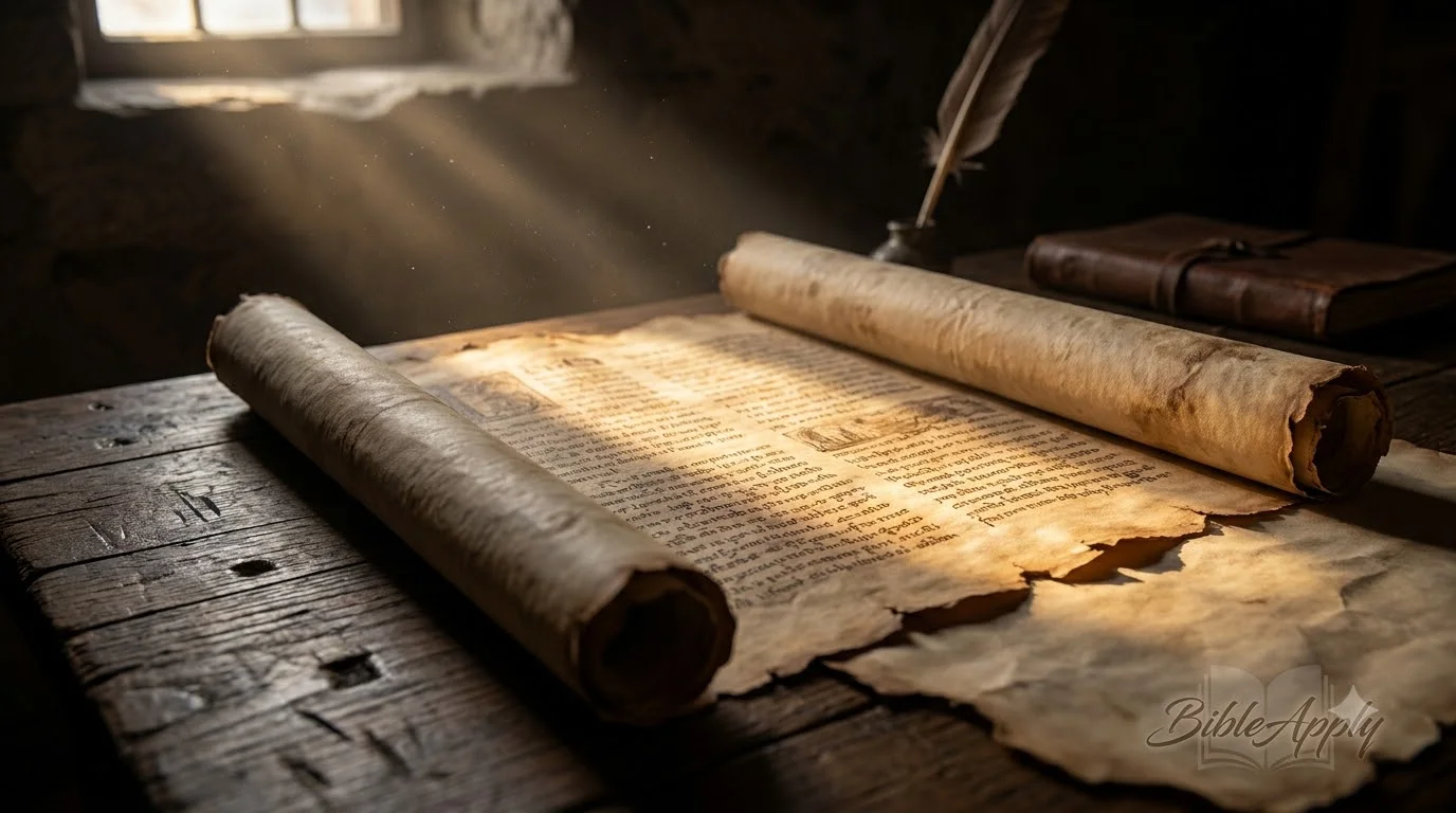 An ancient parchment scroll on a wooden desk, symbolizing study and wisdom