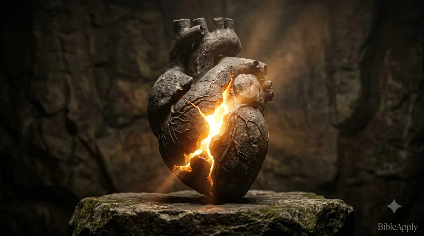 A stone heart cracking open or smoke over fire, symbolizing suffering and brokenness